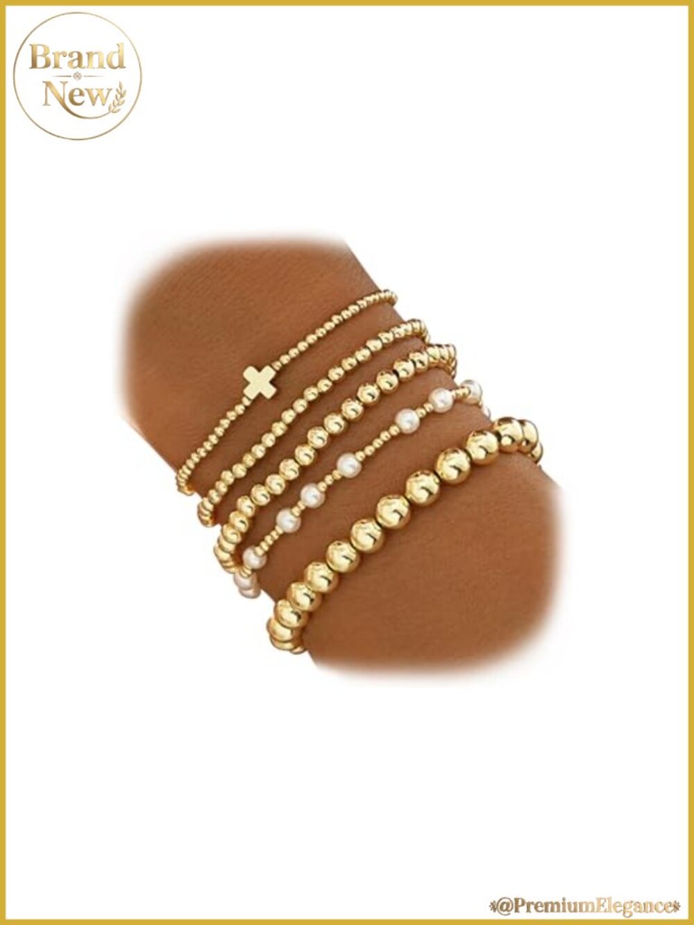 14K Gold Plated Beaded Bracelets Set 5PCS Stretch Stackable Dainty Cross Ball